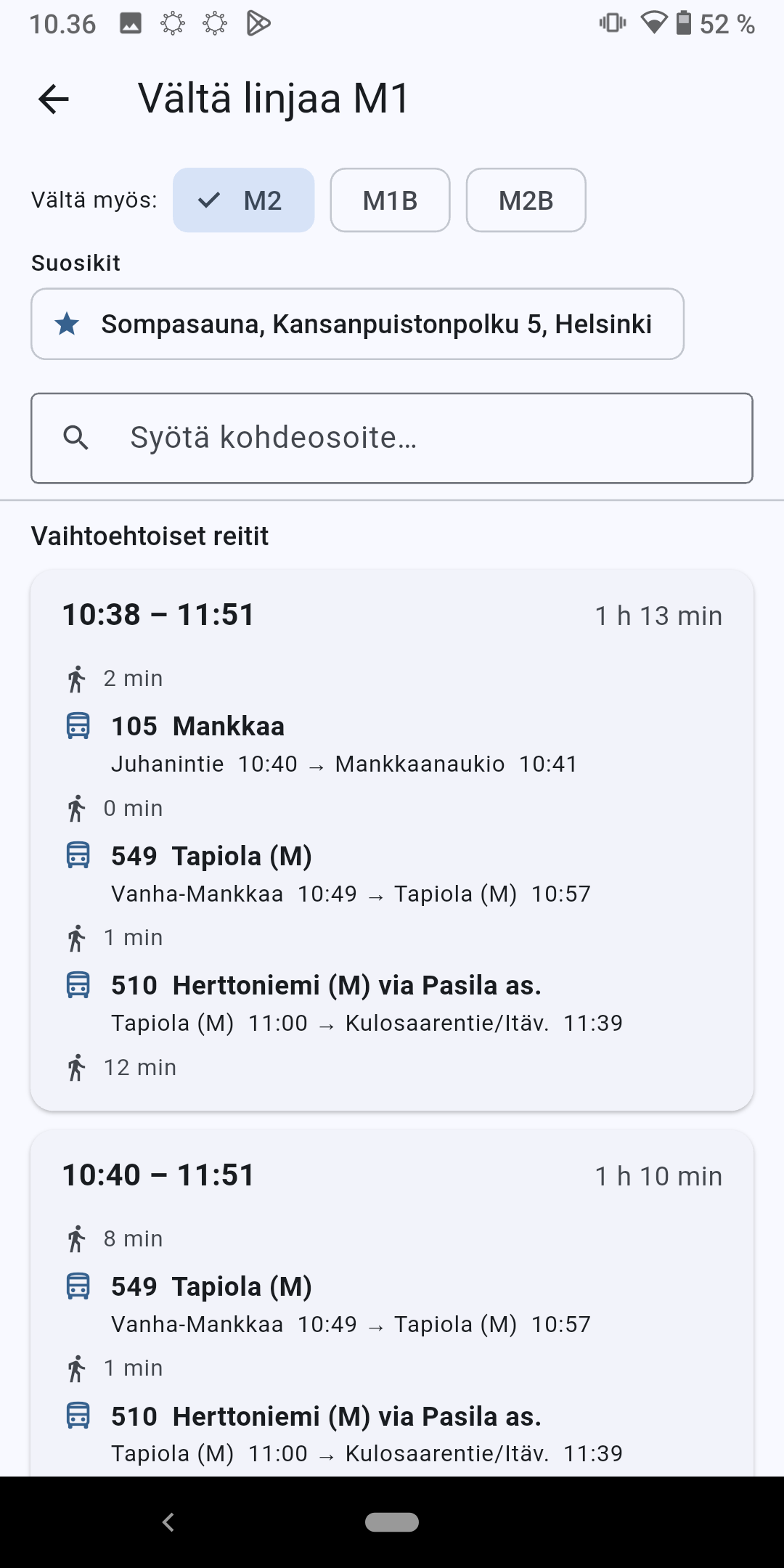 Whesuli suunnittelee matkan metroa välttäen ja näyttää vaihtoehtoiset reitit