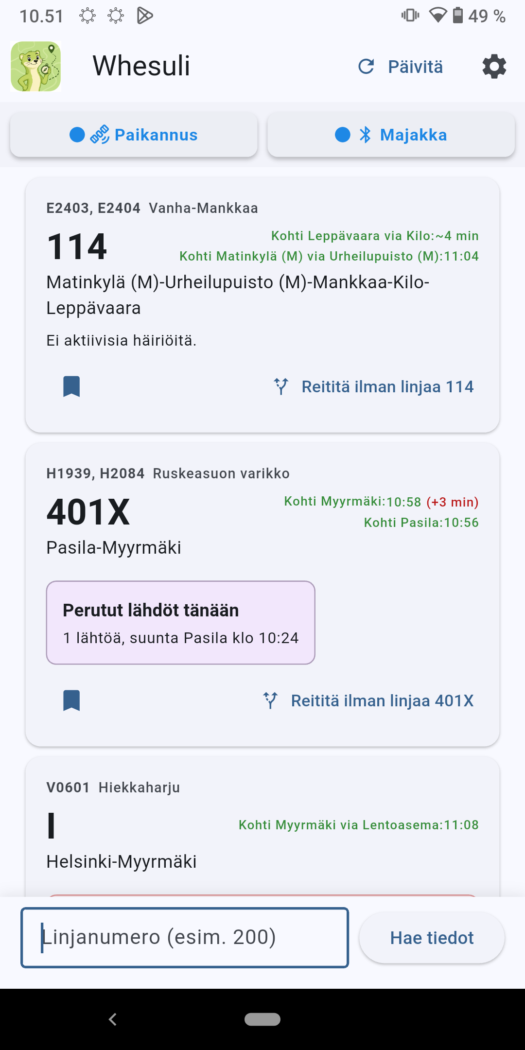Whesulin henkilökohtainen näkymä kiinnitetyistä reitti-pysäkki-yhdistelmistä, mukana peruttu lähtö ja myöhästynyt saapuminen