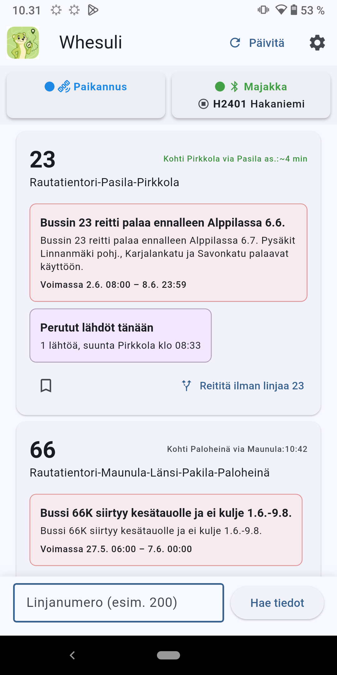 Whesuli-mobiilisovelluksen kuvakaappaus, näyttää lähellä olevat HSL-reitit häiriö- ja saapumistietoineen