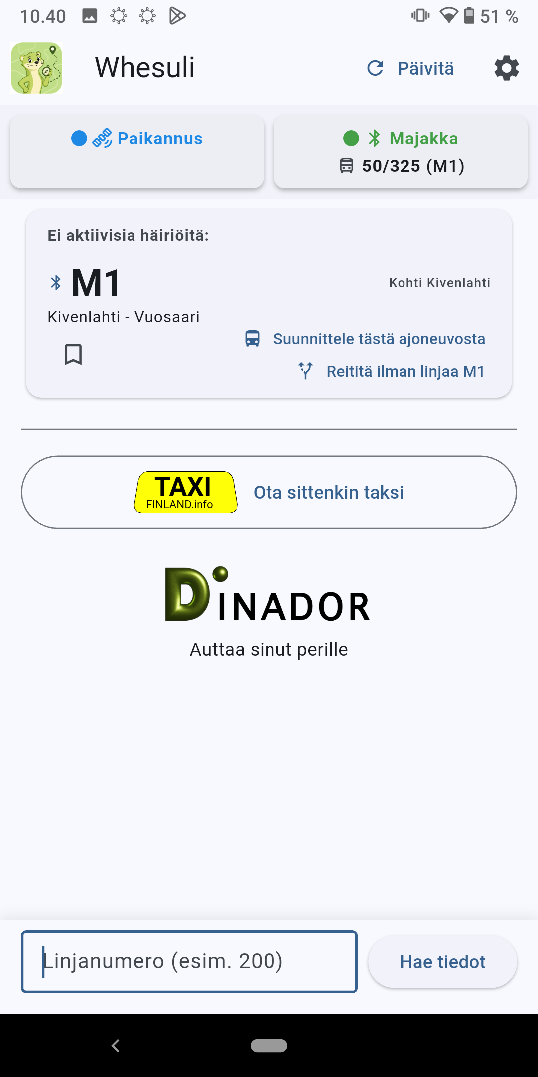 Whesuli tunnistaa nykyisen metrovaunun ja tarjoaa painikkeen reitin suunnitteluun tästä ajoneuvosta